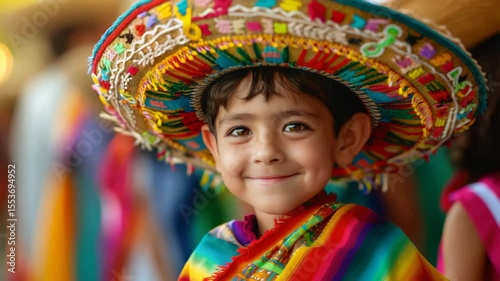 Smiling Latino Boy in Traditional Sombrero and Colorful Serape