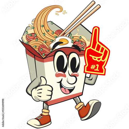 cute chinese noodles box mascot cartoon vector raise foam finger, kawaii ramen takeout character with chopsticks, isolated food illustration asian cuisine design, work of hand drawn