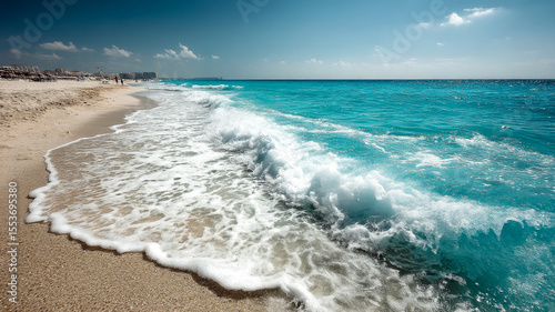 A wide expanse of clear turquoise ocean water with breaking waves on a sandy beach.