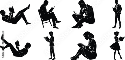 Vector art of silhouettes of people reading books, isolated on transparent background