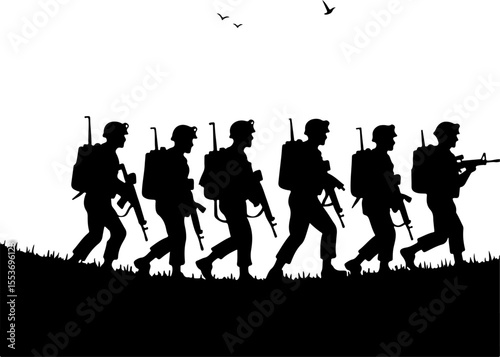 American Army Soldiers Advancing Up Hill Silhouette Vector Bundle