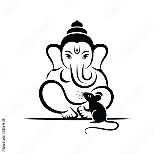 Lord Ganesha, a Hindu deity with his mouse, symbolizes wisdom and remover of obstacles. Suitable for religious and spiritual concepts.