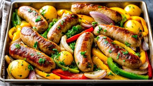 A delicious sheet pan dinner featuring roasted Italian sausages, bell peppers, red onions, and baby potatoes garnished with fresh parsley.