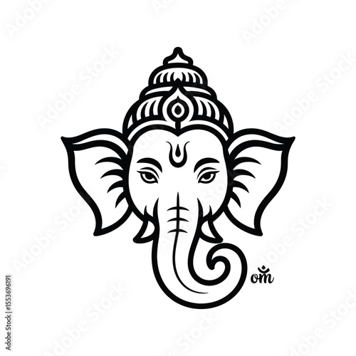 Stylized black and white drawing of Ganeshas face. Suitable for spiritual and religious designs, print materials, and digital projects.