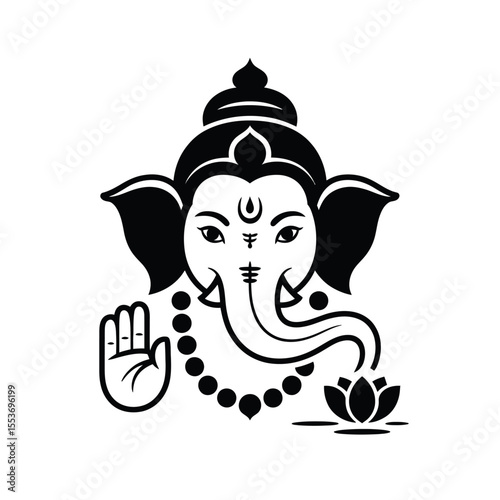 Black and white image of Hindu deity Ganeshas face and hands. Suitable for spiritual designs, posters, and cultural content.