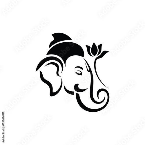 Stylized black and white Ganesha head, perfect for spiritual designs, Indian culture themes, meditation concepts, and religious projects.
