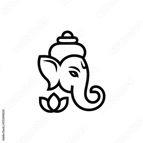 Elephantheaded Ganesha and lotus flower line drawing. Suitable for spiritual designs, Indian culture themes, or tattoo inspiration.
