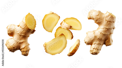 Fresh Ginger Root Slices Floating isolated on a transparent background