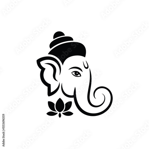 Black and white Ganesha head suitable for spiritual and cultural designs, meditation resources, Indianthemed projects, and religious publications.