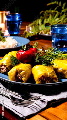 Vibrant yellow cabbage rolls with a red bell pepper garnish on a blue plate.