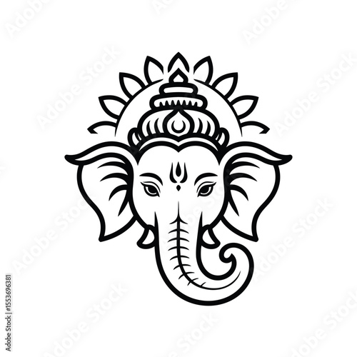 Line drawing of Ganesha, the Hindu elephantheaded god. Suitable for cultural designs, spiritual illustrations, and religious publications.