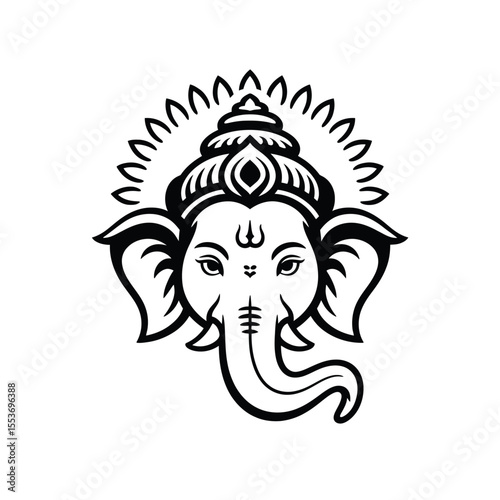Stylized black and white head of Ganesha, a Hindu deity. Suitable for religious publications, cultural websites, or spiritual designs.