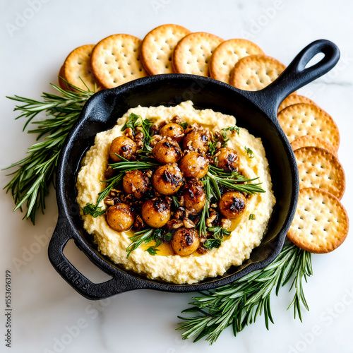 A top view of a creamy herb dip rustic cast iron pan with roasted potatoes and crackers on a white background