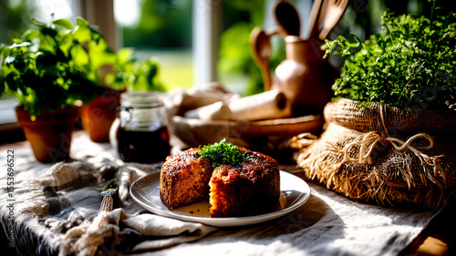 A round golden-brown cornbread, cut into a slice and garnished with fresh parsley on a white plate