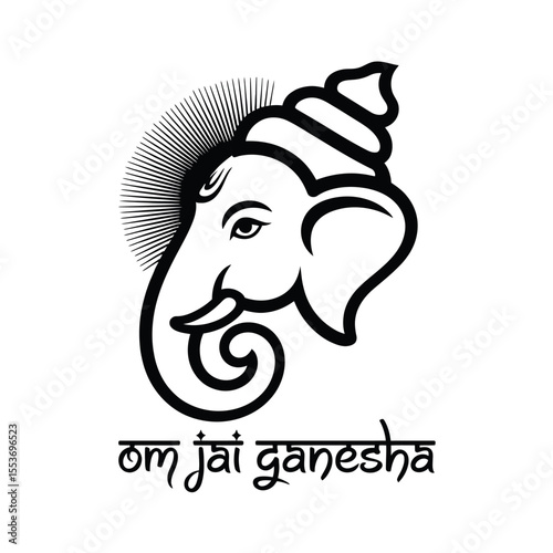 Stylized black and white head of Ganesha with Om Jai Ganesha below; ideal for cultural, spiritual, or religiousthemed designs.