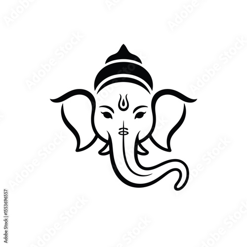Stylized black and white drawing of Ganeshas face suitable for spiritual designs, posters, and cultural projects. Hindu god symbol.