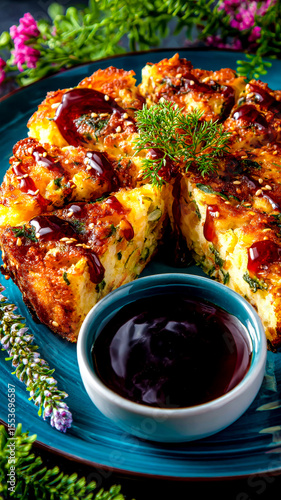 Delicious golden brown baked savory egg pie with herbs and sauce on a blue plate close-up.