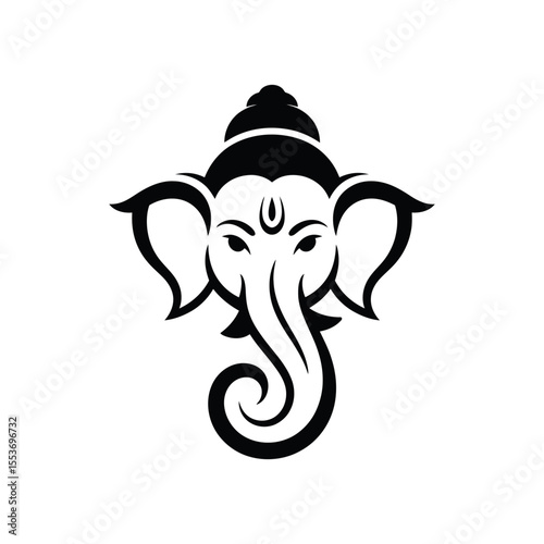 Stylized black and white Ganesha head. Perfect for cultural designs, prints, posters, or spiritualthemed projects needing Hindu deity.
