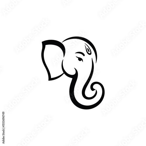 Stylized black line drawing of Ganeshas head. Suitable for Indian cultural designs, spiritual themes, and religious illustrations or products.