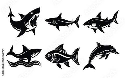 Powerful Shark Silhouette Vector – Bold Ocean Predator Illustration Set