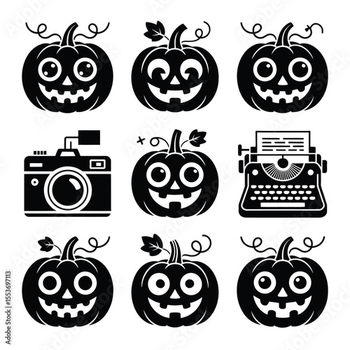 Pumpkin and typewriter with nine black and white Halloween pumpkins and a camera. Halloweenthemed design suitable for seasonal graphics.