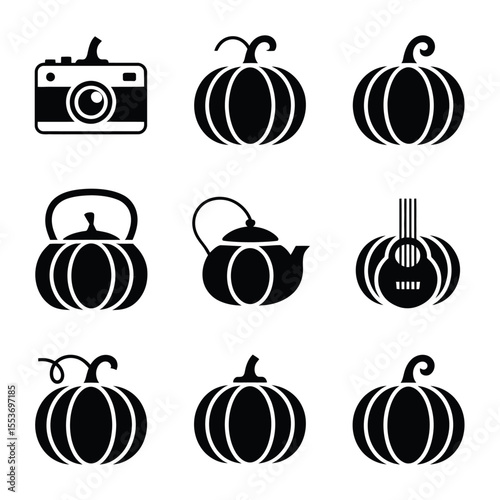 Simple black pumpkinthemed icons like camera and guitar. Perfect for Halloweenthemed graphics or websites needing playful seasonal elements.