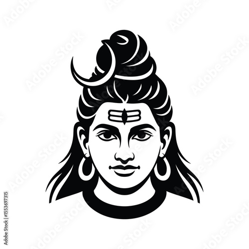 Stylized black and white Lord Shiva illustration; suitable for spiritual, cultural, or artistic projects requiring Hindu deity visuals.