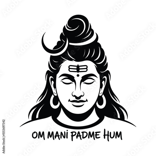 Black and white stylized portrait of shiva with om mani padme hum, perfect for spiritual designs, meditation materials, and cultural references.