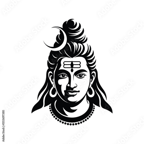 Stylized black and white portrait of Lord Shiva suitable for spiritual designs, posters, and educational resources on Hinduism and mythology.