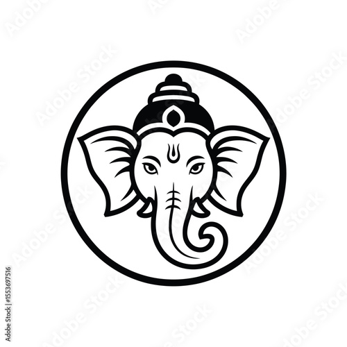 Black and white circular graphic of Ganeshas head, suitable for spiritual designs, meditation content, Indian culturethemed projects, and religious publications.