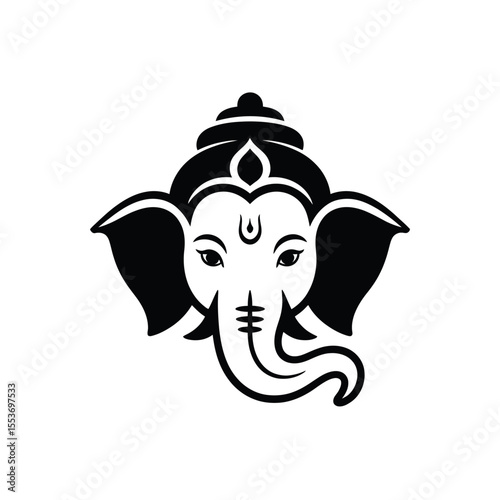 A stylized head of Ganesha, a Hindu deity, in black and white. Suitable for spiritual design projects and cultural content.
