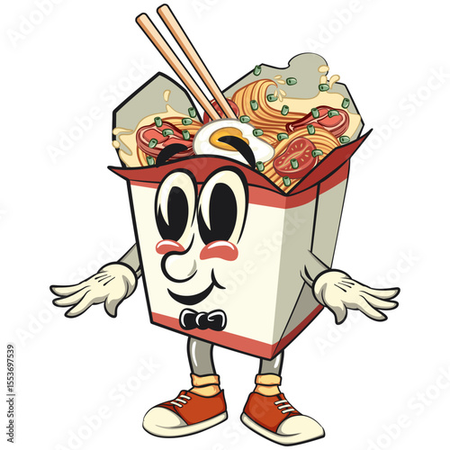cute chinese noodles box mascot cartoon vector with a bow tie, kawaii ramen takeout character with chopsticks, isolated food illustration asian cuisine design, work of hand drawn