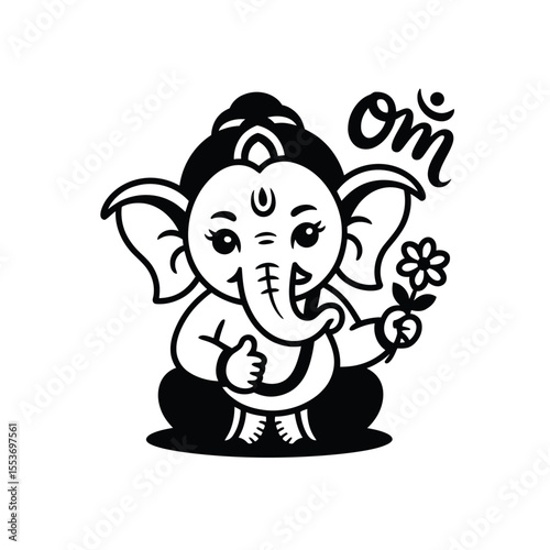 Cute cartoon ganesha with flower and om symbol. Perfect for spiritual designs, posters, yoga studios, and cultural projects.
