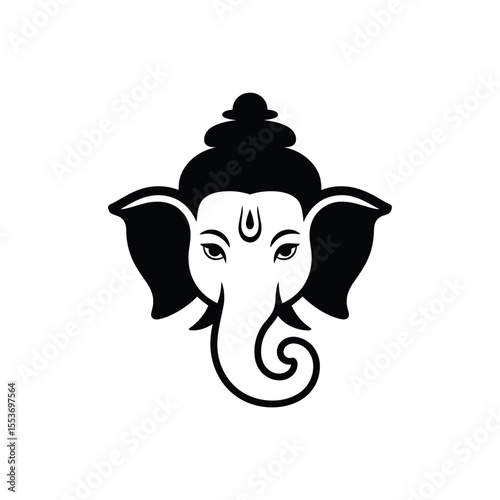 Stylized black and white head of Ganesha. Suitable for spiritual, religious, and cultural designs, logos, and artwork. Hindu deity symbol.