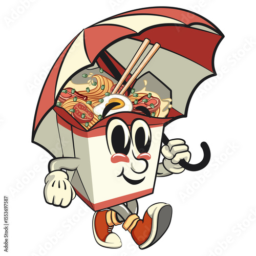 cute chinese noodles box mascot cartoon vector walking with an umbrella, kawaii ramen takeout character with chopsticks, isolated food illustration asian cuisine design, work of hand drawn