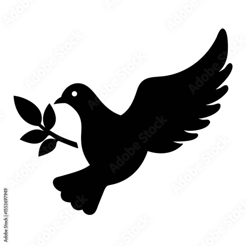 High Resolution flying dove with olive branch black silhouettes . Peace Concept