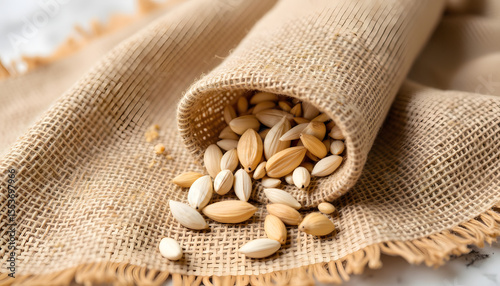 Natural almonds spilling from woven burlap sack onto textured surface, showcasing organic food presentation with rustic charm and inviting atmosphere for culinary use