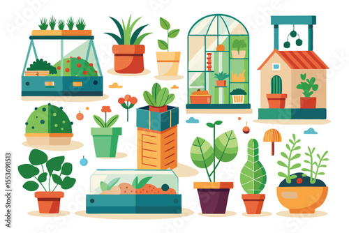 Six Piece Colorful Vector Plant Pot Bundle Houseplants Greenhouse Terrariums