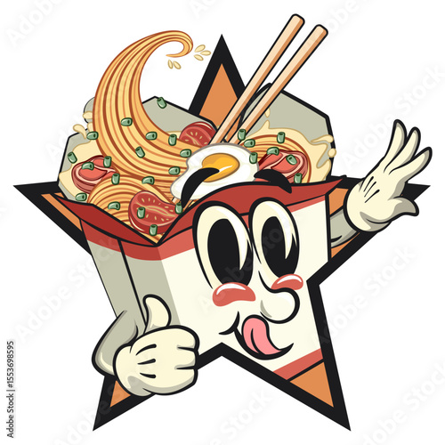 cute chinese noodles box mascot cartoon vector out from of a star by giving a thumbs up sign, kawaii ramen takeout character with chopsticks, work of hand drawn