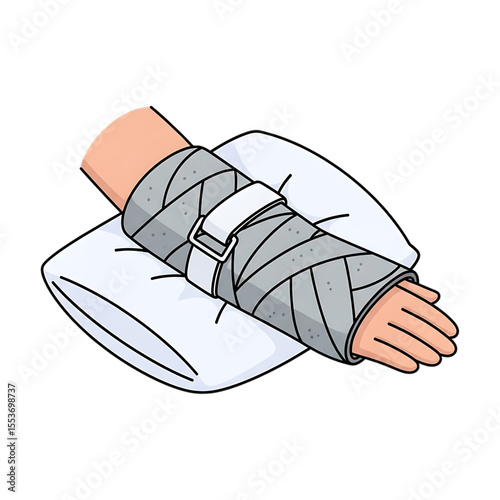Hand in orthopedic wrap or splint, indicating injury treatment and stabilization.
