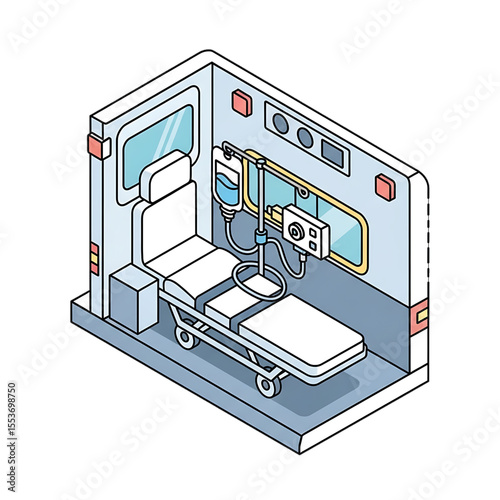 Interior of ambulance with medical stretcher and equipment.