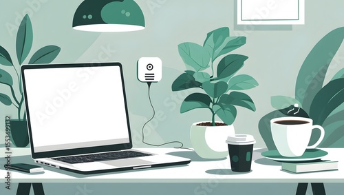 Modern Home Office Workspace: Productive, Minimalist Desk Setup with Laptop, Coffee & Plants for Remote Work Success