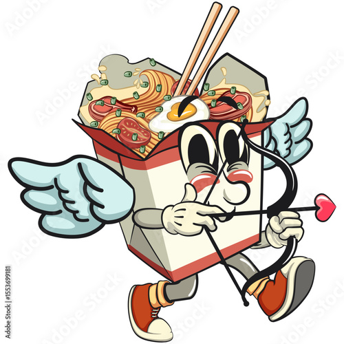 cute chinese noodles box mascot cartoon vector become a cupid with angel wings and the arrow of love, kawaii ramen takeout character with chopsticks, work of hand drawn