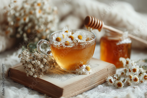 glass teacup filled with herbal chamomile tea and floating flowers on an old open book with honey jar dried blossoms and soft fabric in a cozy warm vintage morning atmosphere