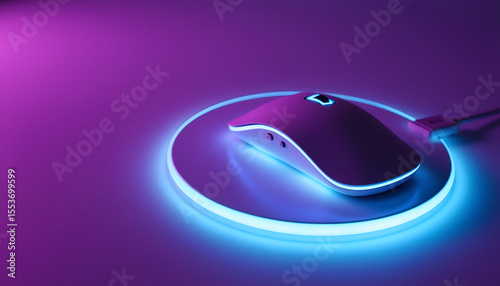 Gaming mouse with vibrant LED lighting on a glowing mouse pad, showcasing modern design and technology, ideal for gamers and tech enthusiasts seeking enhanced performance