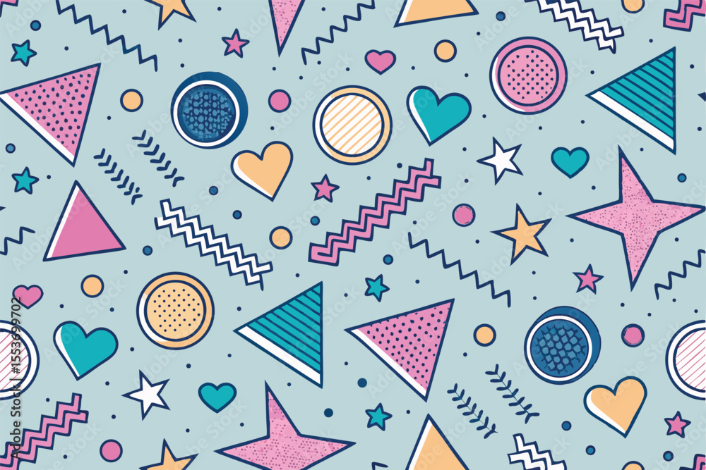 Fototapeta premium Memphis geometric seamless pattern in pastel pink — retro 80s 90s abstract background with circles, zigzags, spirals, and wavy lines, cute kid doodle style for fun, creative design projects