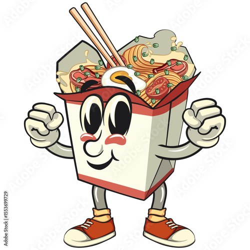 cute chinese noodles box mascot cartoon vector be healthy and strong enough to become a champion, kawaii ramen takeout character with chopsticks, work of hand drawn