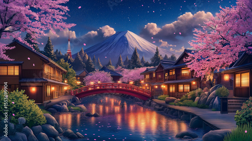 AI generator image of seasons Tranquil River Scene with Cherry Blossoms and Traditional, Canal amidst trees against castle during autumn Tranquil River Scene with Cherry Blossoms and Traditional House