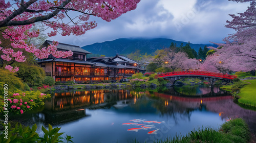 AI generator image of seasons Tranquil River Scene with Cherry Blossoms and Traditional, Canal amidst trees against castle during autumn Tranquil River Scene with Cherry Blossoms and Traditional House