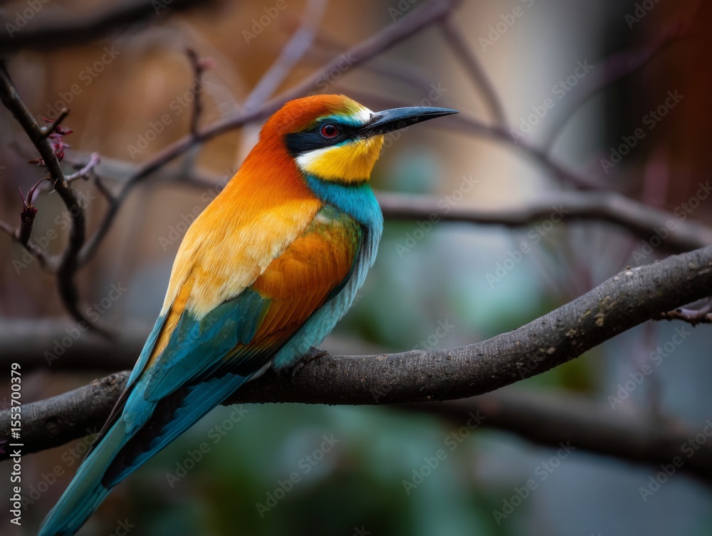 Fototapeta premium Colorful bird perched on a tree branch with a blurred natural background 